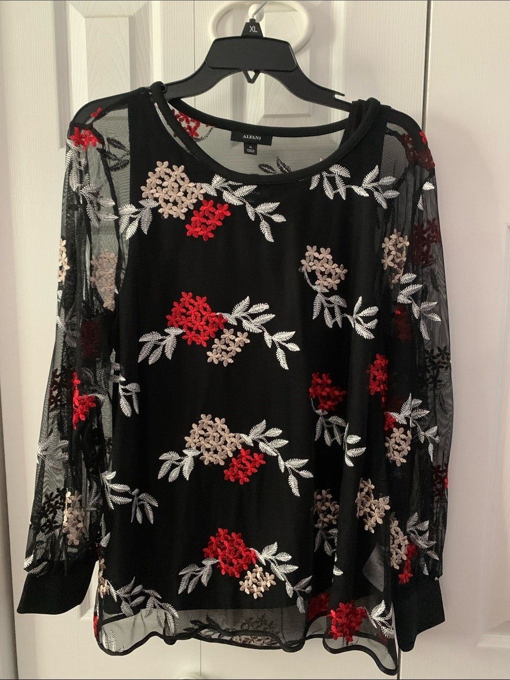 Alfani Black Mesh Long-Sleeve Dress with Red and Blush Floral Embroidery